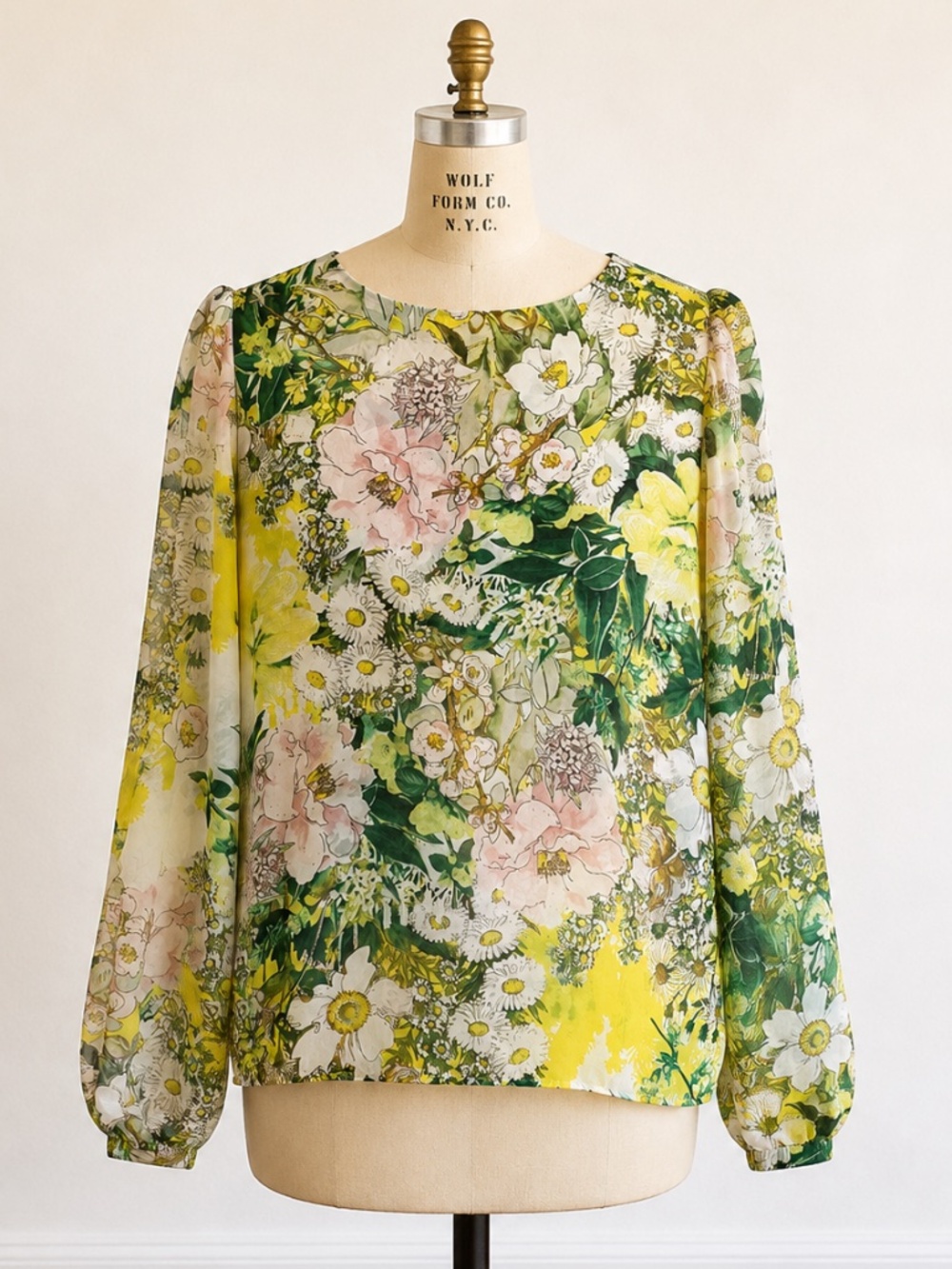 Zara Floral Blouse | Romantic Sheer Long Sleeve Top | Green & Yellow | Size S